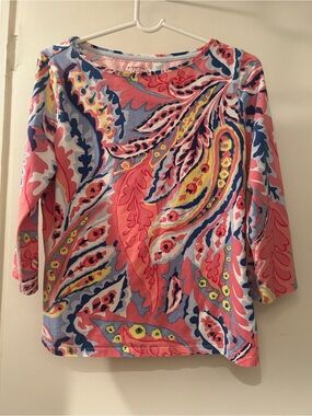 Talbots Paisley Boatneck Long Sleeve Top in Pink, Blue & Yellow